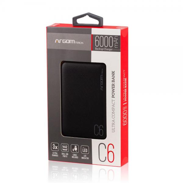 POWER BANK ARGOM C6 POWER BANK 6000MAH USB DOBLE LED ARG-PB-1136BK NEGRO
