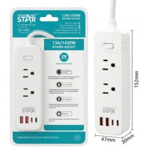 REGLETA WINNING STAR ST-3202U 6 PUERTOS 2 AC / 2 USB / 2 USB-C 2M CZ-1593-WST-110V-17487